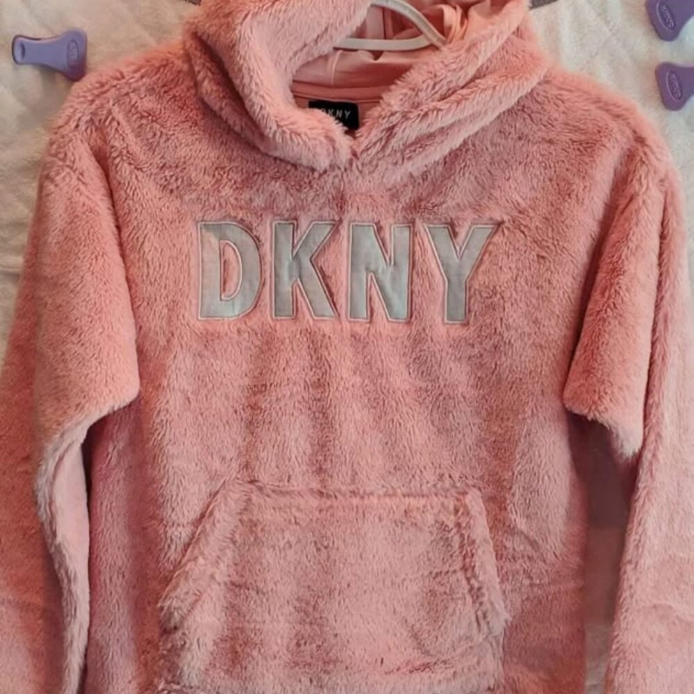 🎀 DKNY - Girls Faux Fur Super Soft Hooded Light Pink Hoodie size L